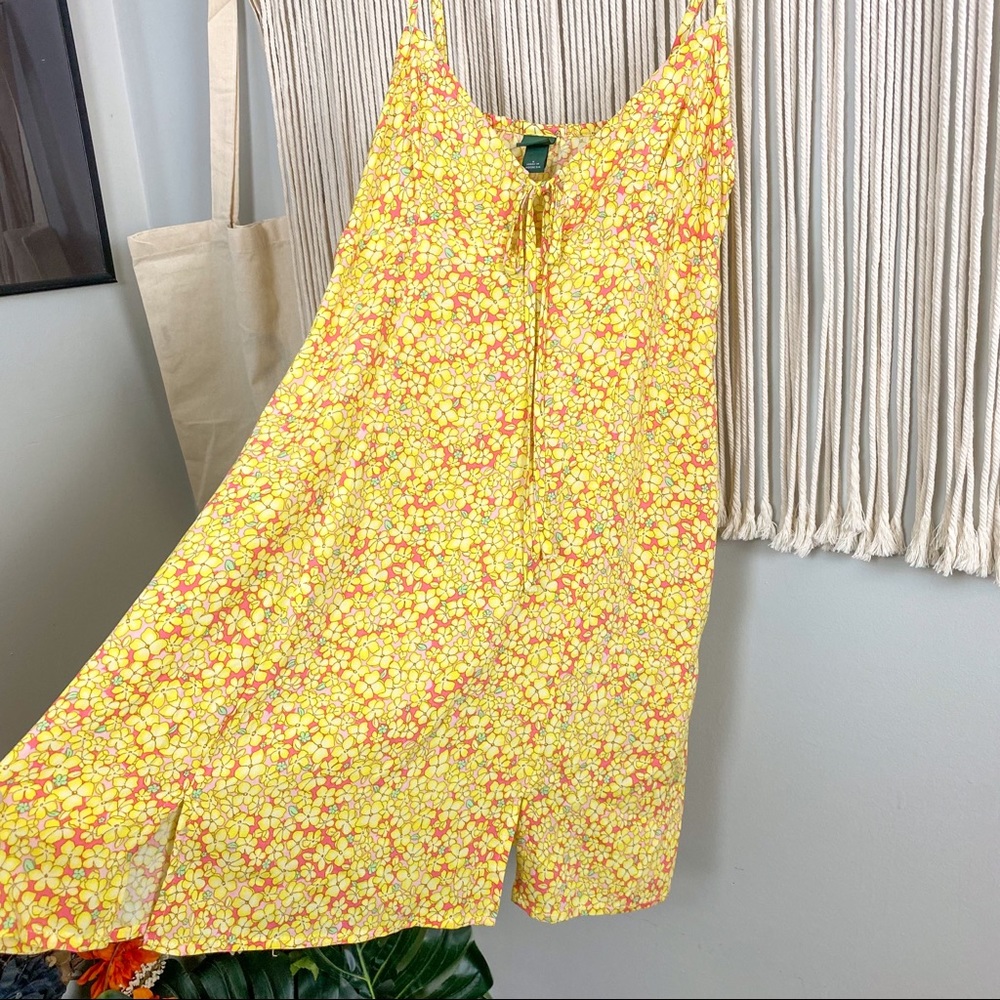 Dainty Floral Front Slit Yellow Sleeveless Mini Dress with Pockets Size Small - Picture 4 of 12